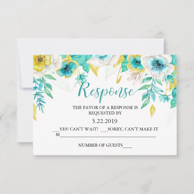 Tarjeta RSVP de boda floral Verde azulada Aqua (Anverso)