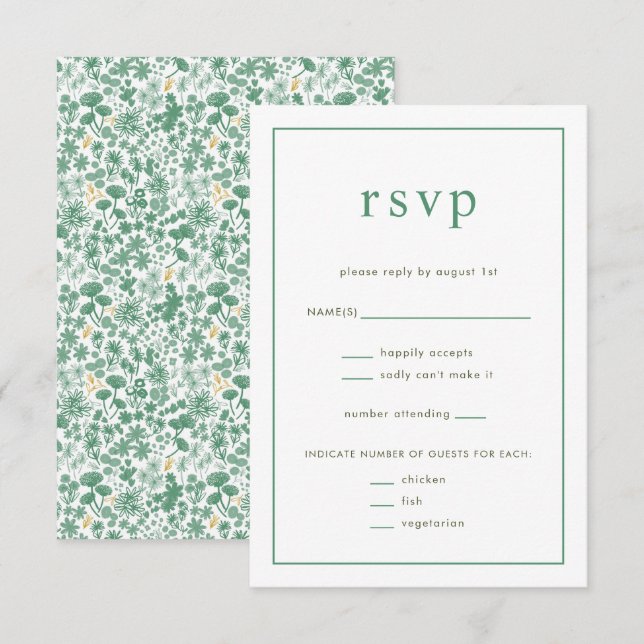 Tarjeta RSVP de boda floral verde de moda (Anverso / Reverso)