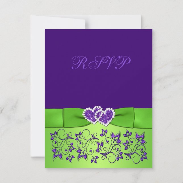 Tarjeta RSVP de boda floral verde púrpura BOW IMPR (Anverso)