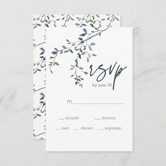 Tarjeta RSVP de boda floral verde Sage Silver (Anverso / Reverso)