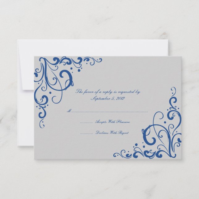Tarjeta RSVP de boda florida azul y gris real (Anverso)