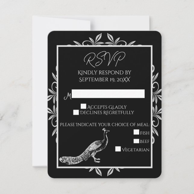 Tarjeta RSVP de Boda Flourish de Pavo Negro (Anverso)