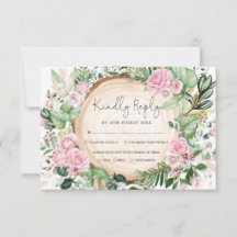 Tarjeta RSVP de Boda Forestal con Rosas Rosa Polvo
