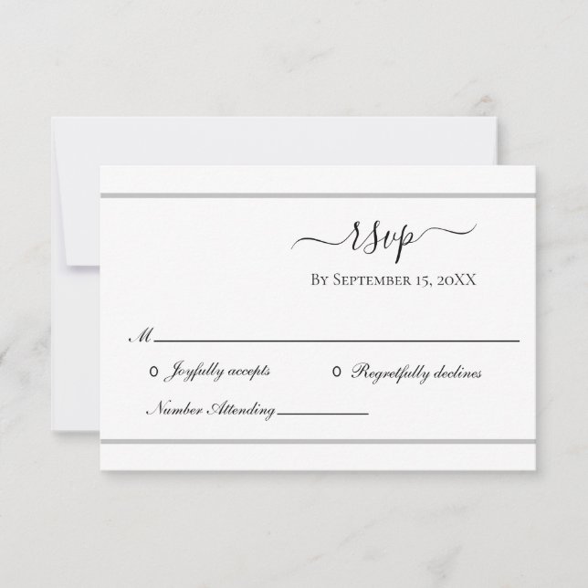Tarjeta RSVP de boda formal elegante de plata blan (Anverso)