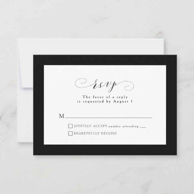 Tarjeta RSVP de boda formal en blanco y negro (Anverso)