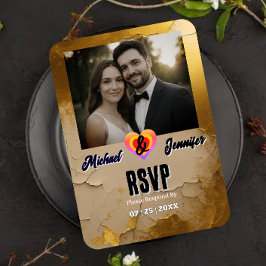 Tarjeta RSVP de boda fotográfica con rayas de oro