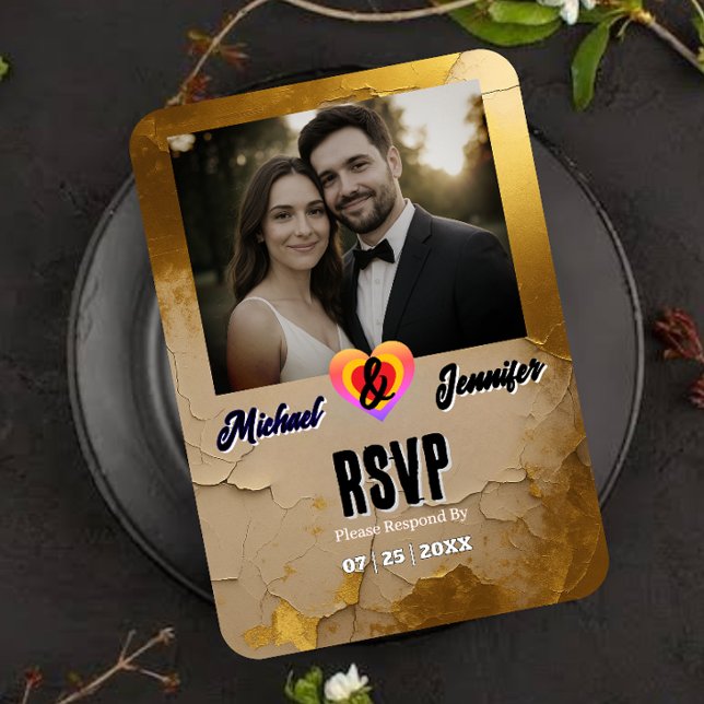 Tarjeta RSVP de boda fotográfica con rayas de oro  (Subido por el creador)