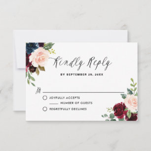 Tarjeta RSVP de Boda Garland Borgoña y Floral Azul