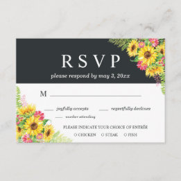 Tarjeta RSVP de boda girasol con opción de cena