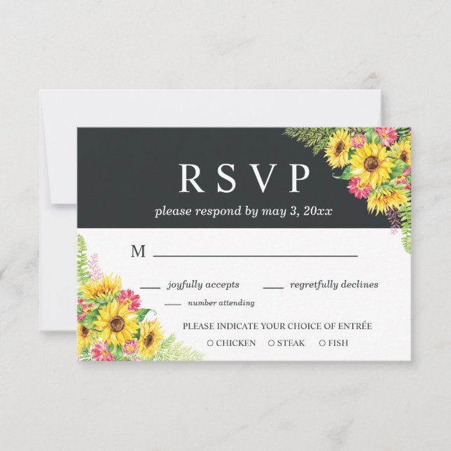 Tarjeta RSVP de boda girasol con opción de cena (Anverso)