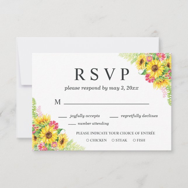 Tarjeta RSVP de boda girasol con opción de cena (Anverso)