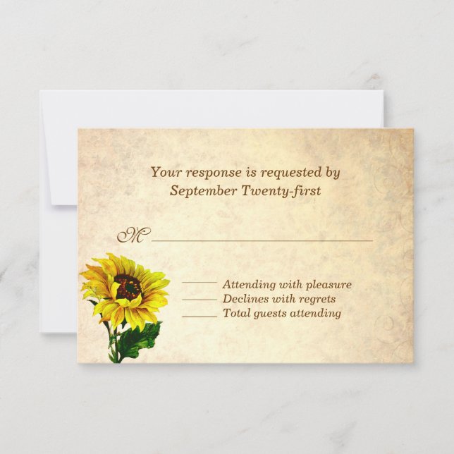 Tarjeta RSVP de boda girasol de aspecto antiguo (Anverso)