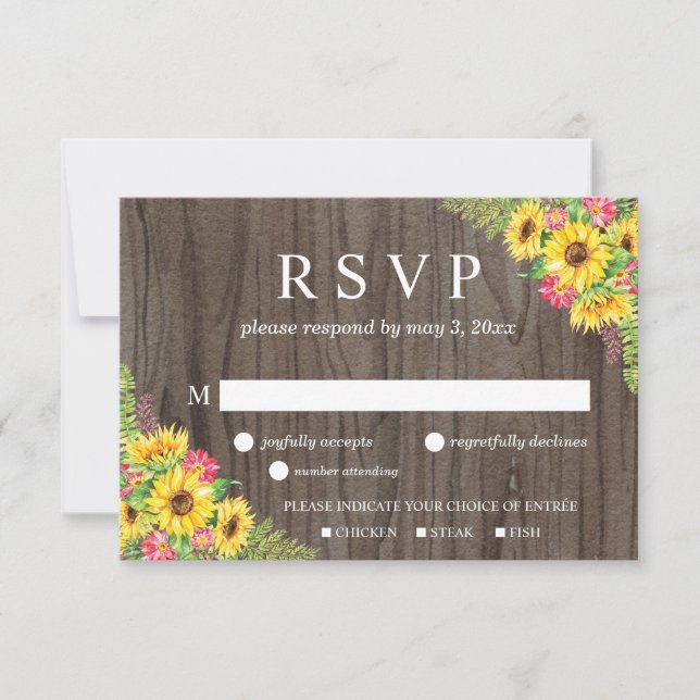 Tarjeta RSVP de boda girasol en madera (Anverso)
