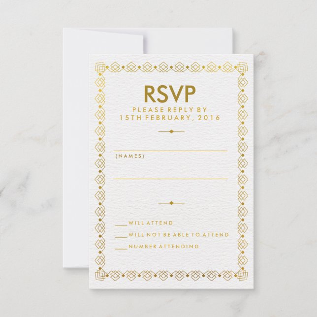 Tarjeta RSVP de Boda Goldan Art Deco (Anverso)