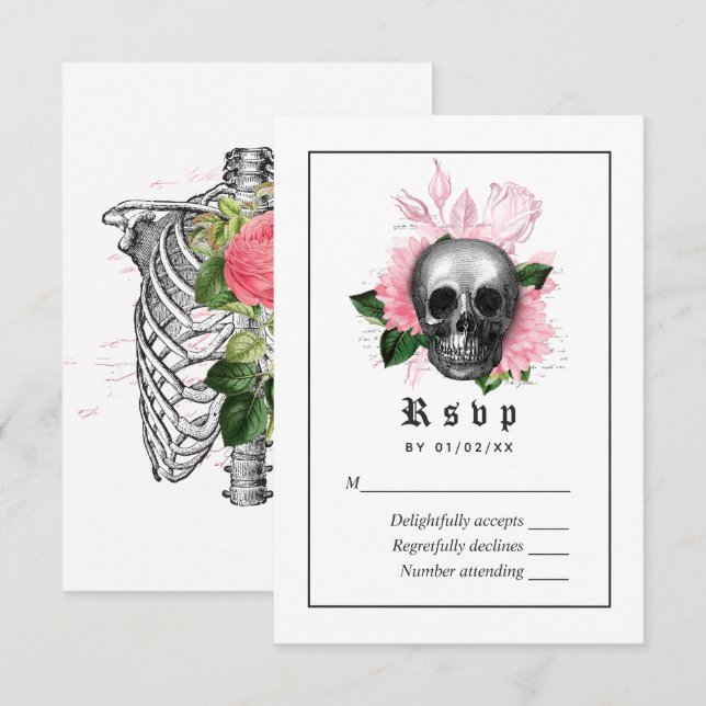Tarjeta RSVP de Boda Gótica con Floral Rosa (Anverso / Reverso)