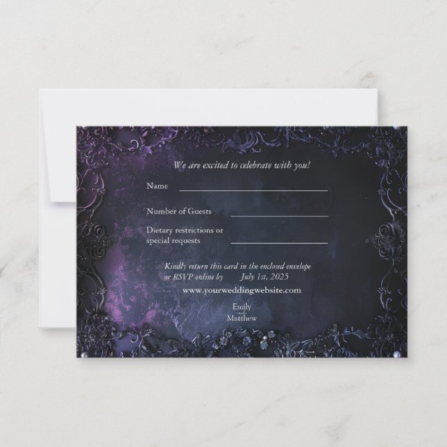 Tarjeta RSVP de Boda Gótica Oscura Midnight (Anverso)
