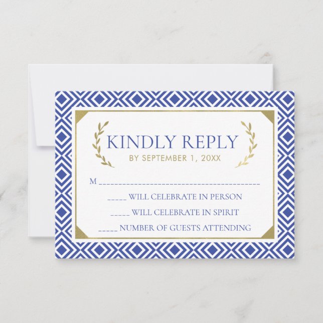 Tarjeta RSVP de boda griega, azul (Anverso)