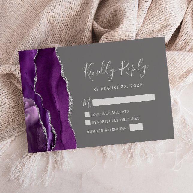 Tarjeta RSVP de boda gris de plata morada moderna  (Subido por el creador)