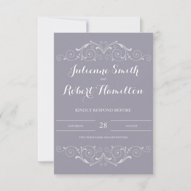 Tarjeta RSVP de Boda Gris de Swirls Victorian (Anverso)
