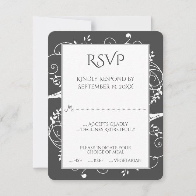 Tarjeta RSVP de Boda Gris Flourish (Anverso)