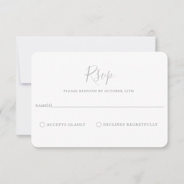 Tarjeta RSVP de boda gris minimalista (Anverso)