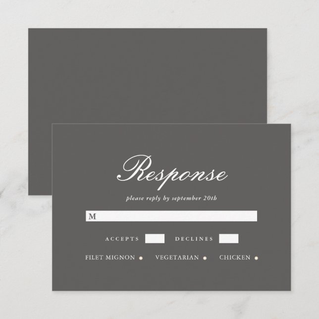 Tarjeta RSVP de boda gris simple y elegante (Anverso / Reverso)