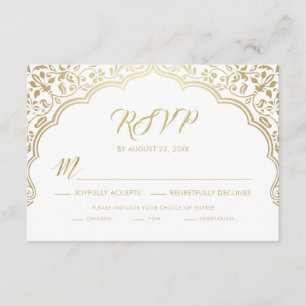 Tarjeta RSVP de boda india, blanco y oro