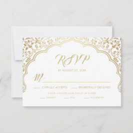 Tarjeta RSVP de boda india, blanco y oro