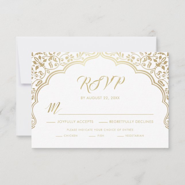 Tarjeta RSVP de boda india, blanco y oro (Anverso)