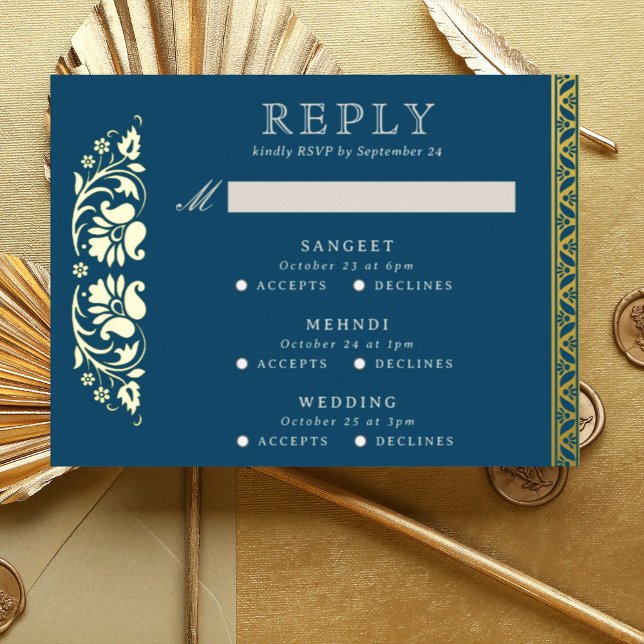 Tarjeta RSVP de Boda India de Lotus Flower para ev (Blue Indian wedding invitation RSVP enclosure response reply card, Lotus flower hindu wedding card)