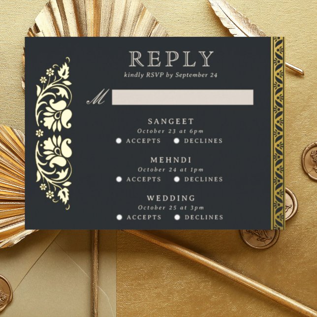 Tarjeta RSVP de Boda India de Lotus Flower para ev (Black Indian wedding invitation RSVP enclosure response reply card, Lotus flower hindu wedding card)