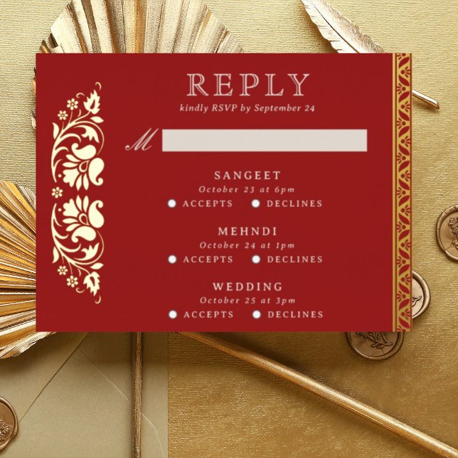 Tarjeta RSVP de Boda India de Lotus Flower para ev (Red Indian wedding invitation RSVP enclosure response reply card, Lotus flower hindu wedding card)