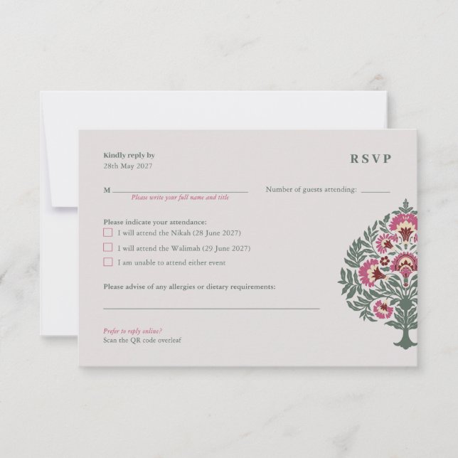 Tarjeta RSVP de boda islámica - Mughal gris suave (Anverso)