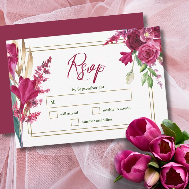 Tarjeta RSVP de Boda Jardín con Bloom de Borgoña y (Subido por el creador)