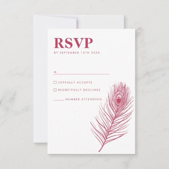 Tarjeta RSVP de boda magenta de plumas de pavo rea (Anverso)