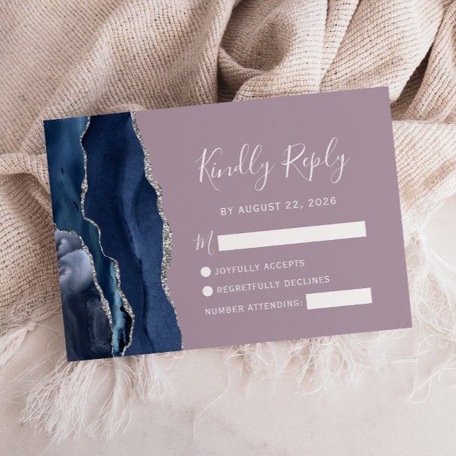 Tarjeta RSVP de boda malva de la Navy Blue Silver  (Subido por el creador)