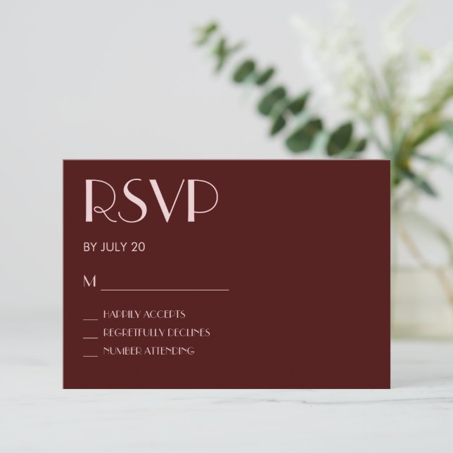 Tarjeta rsvp de boda marrón y rosa pálido (Anverso de pie)