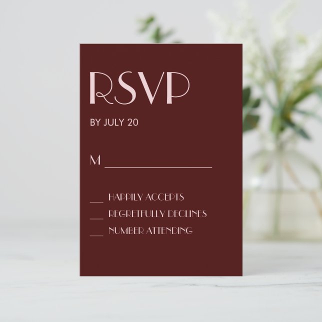 Tarjeta rsvp de boda marrón y rosa pálido (Anverso de pie)
