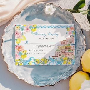 Tarjeta RSVP de boda mediterránea en la costa de A