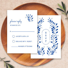 Tarjeta RSVP de boda mexicana azul estilo Puebla