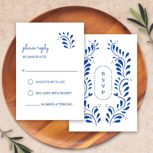 Tarjeta RSVP de boda mexicana azul estilo Puebla