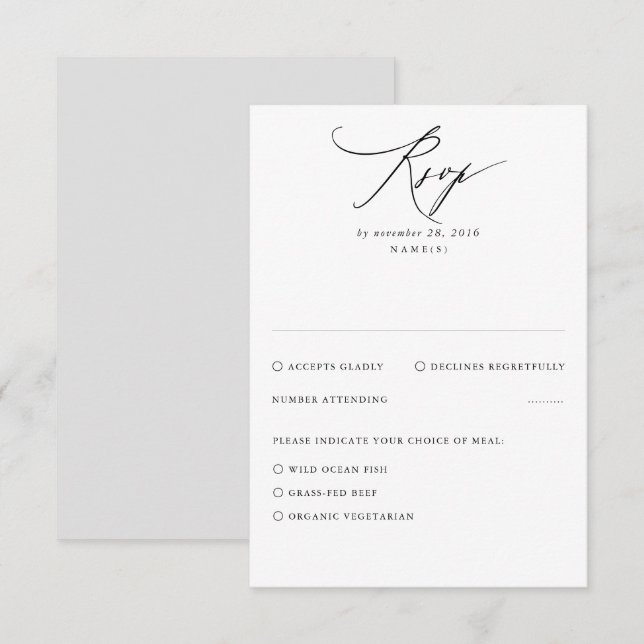 Tarjeta RSVP de boda mínima moderna blanca y gris (Anverso / Reverso)