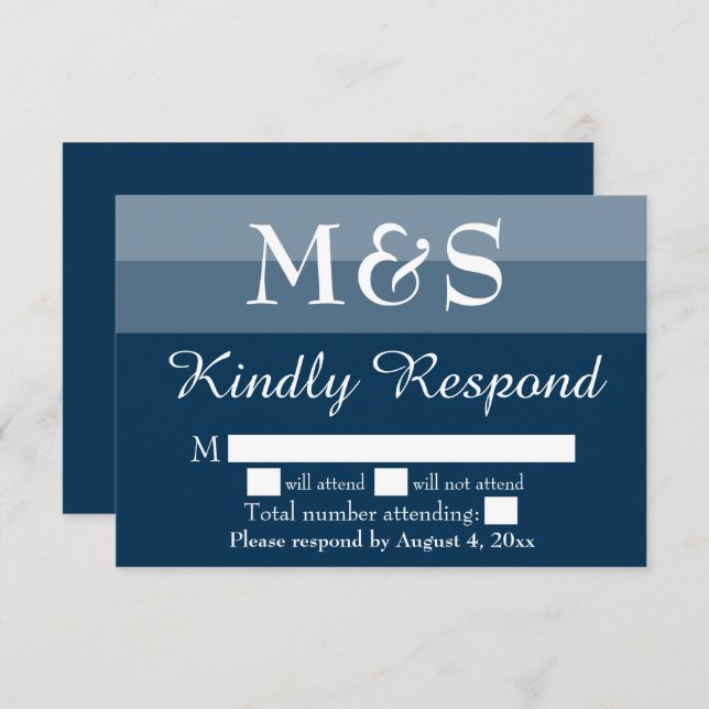 Tarjeta RSVP de boda moderna azul de la marina (Anverso / Reverso)