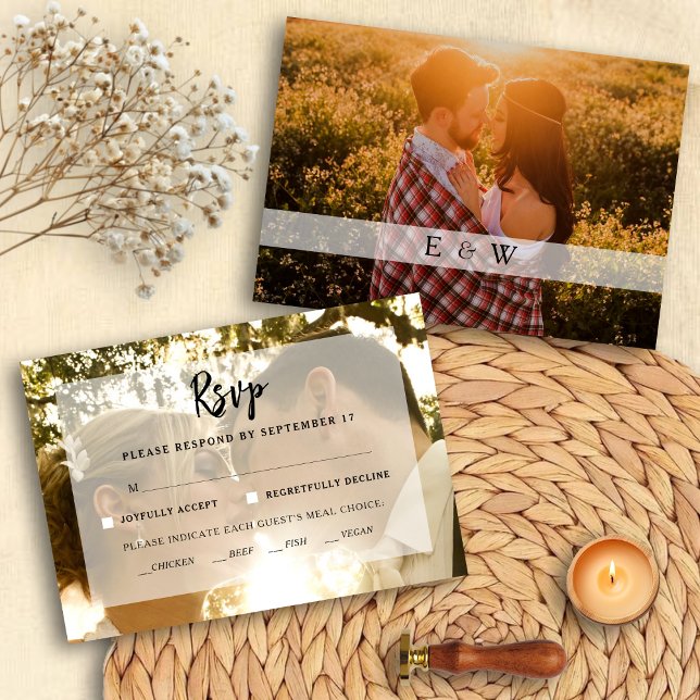 Tarjeta RSVP de boda moderna de fotografía superpu (Modern Photo Overlay Wedding RSVP card)