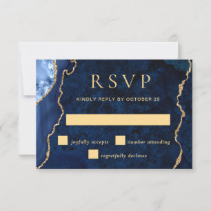 Tarjeta RSVP de boda moderna de oro de mármol azul