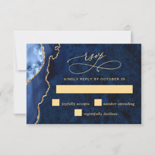 Tarjeta RSVP de boda moderna de oro de mármol azul