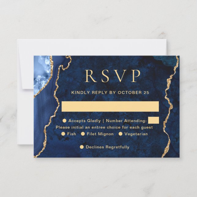 Tarjeta RSVP de boda moderna de oro de mármol azul (Anverso)