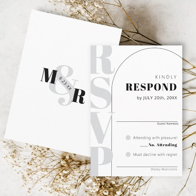 Tarjeta RSVP de boda moderna en arco blanco de Amp (Classy arch matching modern wedding invitation RSVP card, ampersand monogram black and white)