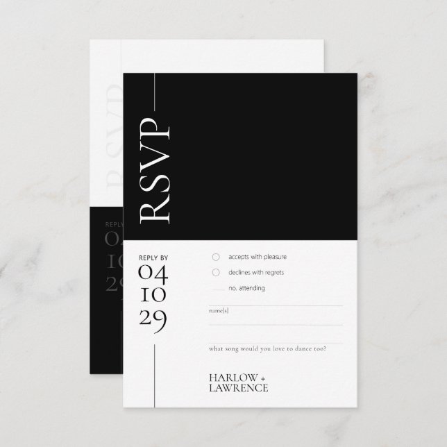 Tarjeta RSVP de boda moderna en blanco y negro (Anverso / Reverso)