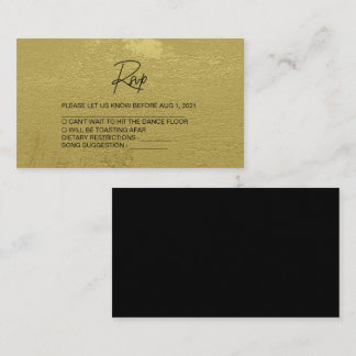 Tarjeta Rsvp de boda moderna en color negro y oro